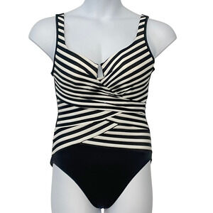 Miraclesuit Sz 10 Gilt Trip Escape Swimsuit Black White Stripe Tummy Control New